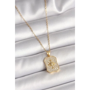 316L Çelik Gold Renk Zincir Zirkon Taşlı Kutup Yıldız İşlemeli Madalyon Model Kadın Kolye