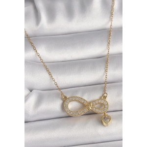316L Çelik Gold Renk Zincir Zirkon Taşlı Sonsuzluk Model Sallantı Taşlı Kalp Detay Kadın Kolye