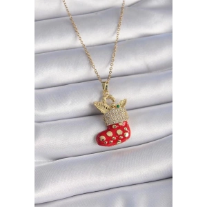 316L Çelik Gold Renk Zincir Zirkon Taşlı Yılbaşı Temalı Kırmızı Noel Çorabı Figür Kadın Kolye