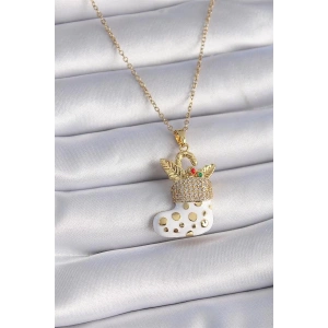 316L Çelik Gold Renk Zincir Zirkon Taşlı Yılbaşı Temalı Noel Çorabı Figür Kadın Kolye