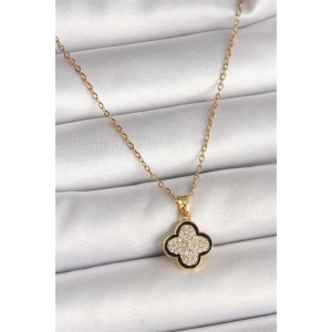316L Çelik Gold Renk Zincir Zirkon Taşlı Yonca Model Kadın Kolye