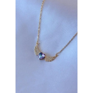 316L Çelik Gold Renk Zirkon Taş Kanatlı Kristal Kalpli Model Kadın Kolye