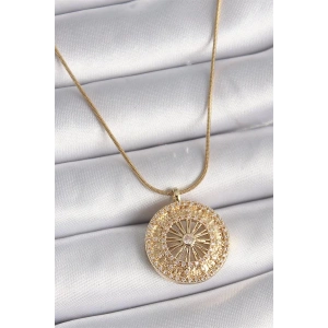 316L Çelik Gold Renk Zirkon Taşlı 12 Burç Madalyon Model Kadın Kolye