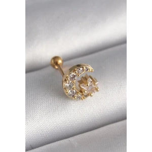 316L Çelik Gold Renk Zirkon Taşlı Ay Yıldız Tragus Piercing