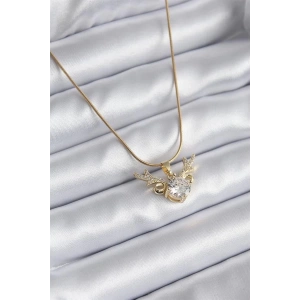 316L Çelik Gold Renk Zirkon Taşlı Boynuz Model Kadın Kolye