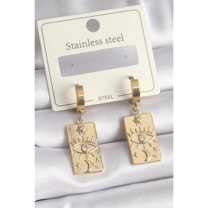 316L Çelik Gold Renk Zirkon Taşlı Göz İşleme Detay Plaka Model Kadın Küpe