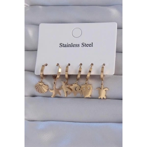 316L Çelik Gold Renk Zirkon Taşlı Hayvan Figürlü Deniz Yıldızı Model Halka Küpe Seti