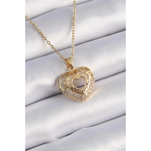316L Çelik Gold Renk Zirkon Taşlı Kalp Model Vintage Kadın Kolye