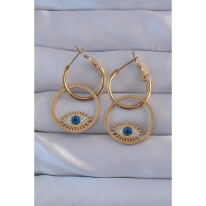 316L Çelik Gold Renk Zirkon Taşlı Mavi Göz Tasarımlı Halka Küpe