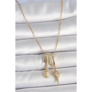 316L Çelik Gold Renk Zirkon Taşlı Sallantı Ay Yıldız Figür Charm Kadın Kolye