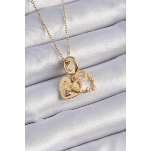 316L Çelik Gold Renk Zirkon Taşlı Sonsuzluk Kalp Figür Charm Model Kadın Kolye