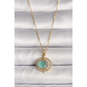 316L Çelik Gold Renk Zirkon Taşlı Yeşil Sedefli Hilal Model Kadın Kolye