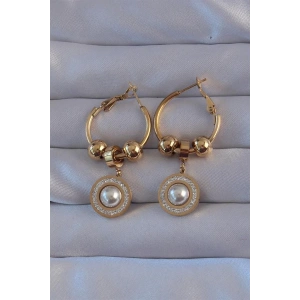 316L Çelik Gold Renk Zirkon ve İnci Taşlı Model Halka Küpe