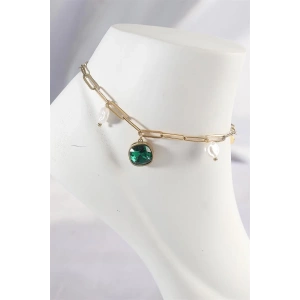 316L Çelik Gold Renk Zümrüt Taş Tasarımlı Halhal