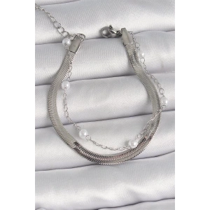 316L Çelik Gümüş Renk 2Li İtalyan Zincir İnci Detay Kadın Bileklik