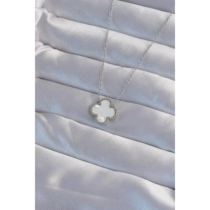 316L Çelik Gümüş Renk Beyaz Sedefli Yonca Kolye