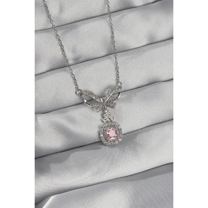 316L Çelik Gümüş Renk Fiyonk Detay Pembe Zirkon Taşlı Tektaş Kolye