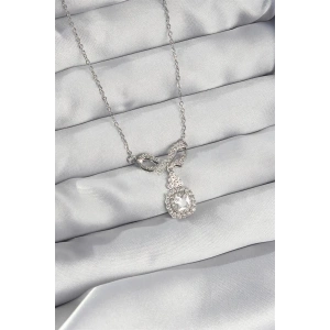 316L Çelik Gümüş Renk Fiyonk Detay Zirkon Taşlı Tektaş Kolye