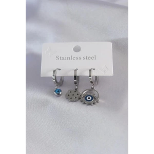 316L Çelik Gümüş Renk Göz Figür Nazar Boncuk Detay Kadın Küpe Kombini