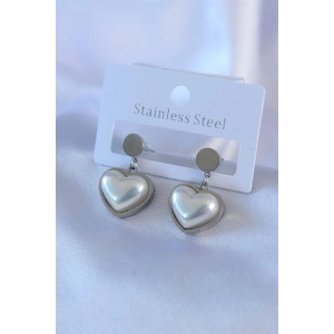 316L Çelik Gümüş Renk İncili Kalp Model Kadın Küpe