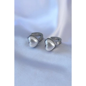 316L Çelik Gümüş Renk İncili Kalp Model Kadın Küpe