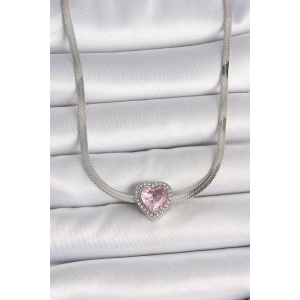 316L Çelik Gümüş Renk İtalyan Zincir Pembe Zirkon Taşlı Kalp Model Kadın Kolye