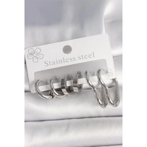 316L Çelik Gümüş Renk Kalp Halka Model Kadın Küpe Seti