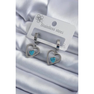 316L Çelik Gümüş Renk Kalp Model Mavi Taş Detay Kadın Küpe