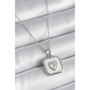 316L Çelik Gümüş Renk Kare Madalyon Kalp Zirkon Taş İşleme Kadın Kolye
