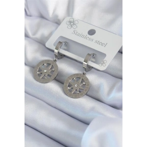 316L Çelik Gümüş Renk Kutup Yıldızı Model Zirkon Taş İşleme Detay Kadın Küpe