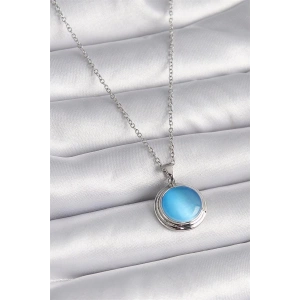 316L Çelik Gümüş Renk Mavi Sedefli Daire Model Kadın Kolye