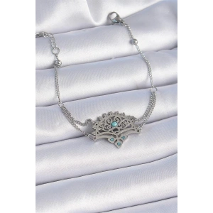 316L Çelik Gümüş Renk Mavi Taşlı Etnik Desen Kadın Bileklik