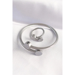 316L Çelik Gümüş Renk Oval Aksesuarlı Burgu Model Bileklik ve Yüzük Kombini