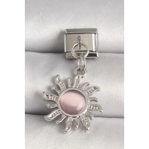 316L Çelik Gümüş Renk Pembe Mineli Güneş Model Nomination Charm
