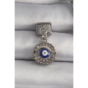 316L Çelik Gümüş Renk Sallantı Zirkon Taşlı Göz Model Nazar Boncuk Detay Nomination Charm