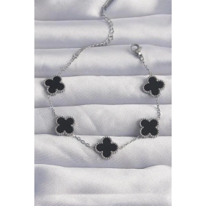 316L Çelik Gümüş Renk Siyah Mineli Yonca Bileklik