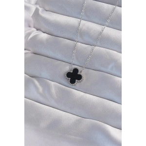 316L Çelik Gümüş Renk Siyah Mineli Yonca Kolye