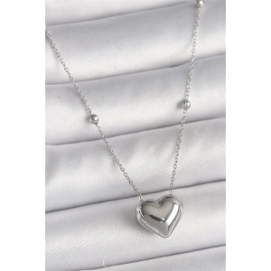 316L Çelik Gümüş Renk Topçuk Detay Zincir Kalp Model Kadın Kolye