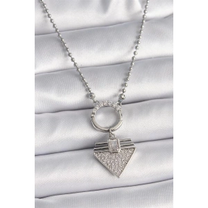 316L Çelik Gümüş Renk Topçuk Zincir Zirkon Taşlı Üçgen Model Kadın Kolye