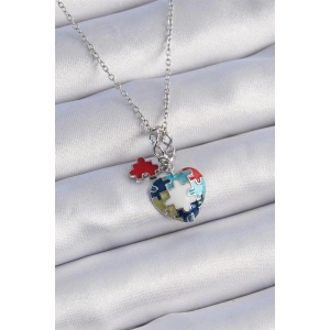 316L Çelik Gümüş Renk Yapboz Motif Kalp Figür Charm Model Kadın Kolye