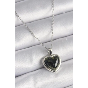 316L Çelik Gümüş Renk Yeşil Mineli Kalp Model Kadın Kolye