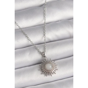 316L Çelik Gümüş Renk Zincir Beyaz Mineli Güneş Model Kadın Kolye