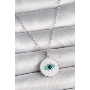 316L Çelik Gümüş Renk Zincir Beyaz Mineli Turkuaz Göz İşleme Model Kadın Kolye