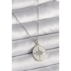 316L Çelik Gümüş Renk Zincir Beyaz Mineli Zirkon Taşlı Kutup Yıldız İşleme Kadın Kolye