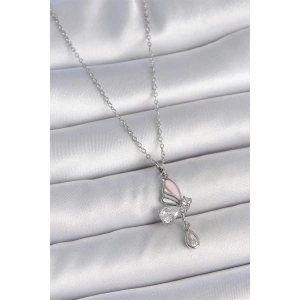 316L Çelik Gümüş Renk Zincir Damla Zirkon Taşlı Kelebek Model Sallantı Detay Kadın Kolye