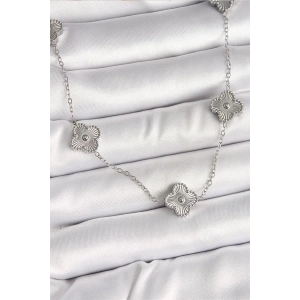 316L Çelik Gümüş Renk Zincir İşlemeli Yonca Model Kadın Kolye