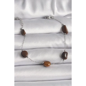 316L Çelik Gümüş Renk Zincir Kahverengi Doğaltaş Model Kadın Bileklik