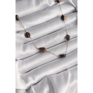 316L Çelik Gümüş Renk Zincir Kahverengi Doğaltaş Model Kadın Kolye