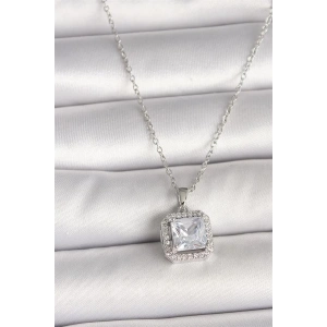 316L Çelik Gümüş Renk Zincir Kare Zirkon Taşlı Kadın Kolye