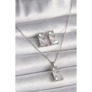 316L Çelik Gümüş Renk Zincir Kare Zirkon Taşlı Kadın Kolye Küpe Seti